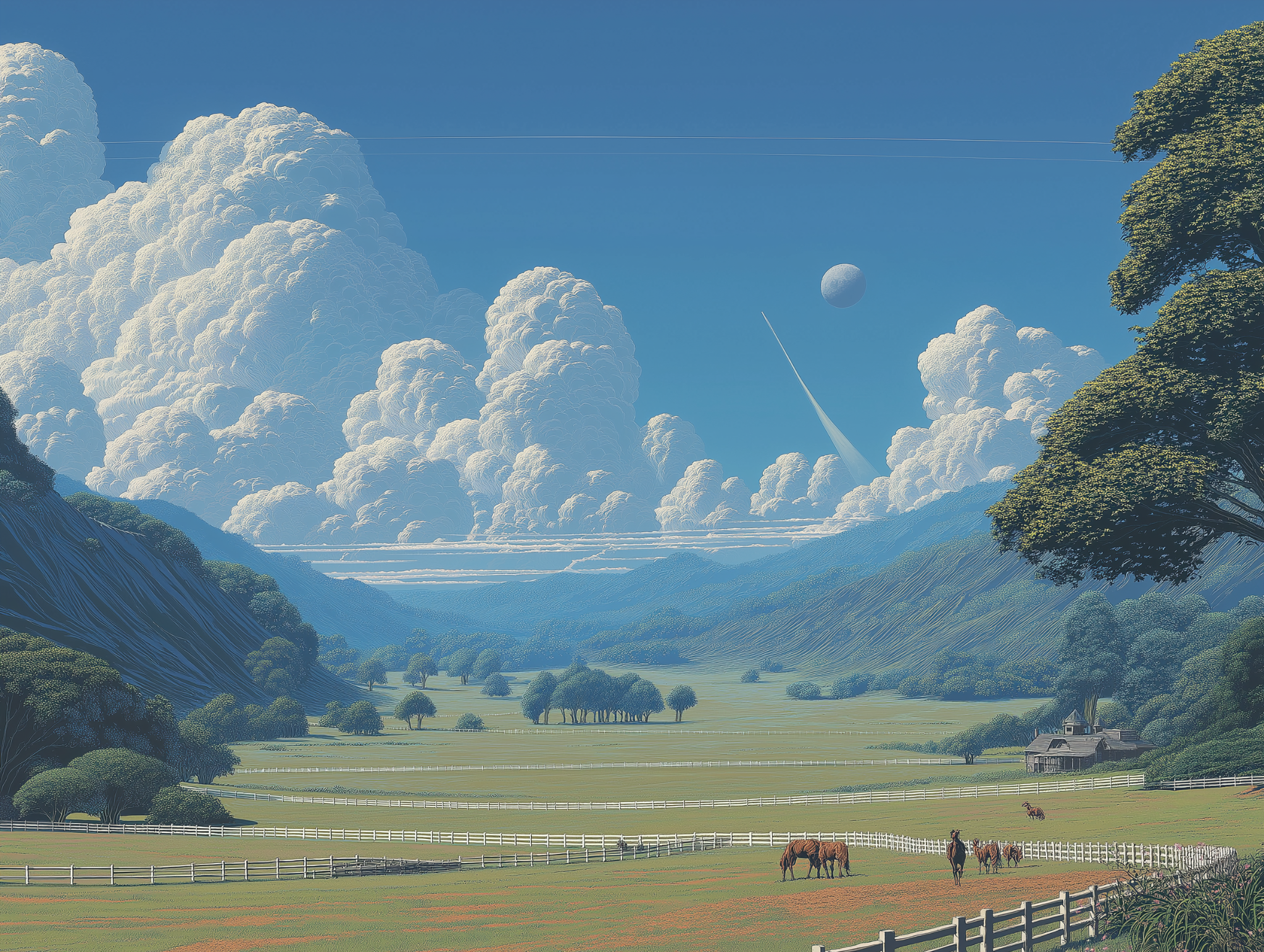 An expansive valley with cloud-filled skies, white paddock fences and grazing horses